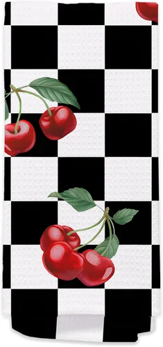Toallas de mano de cereza para cocina y baño – Toallas de té decorativas retro a cuadros en blanco y negro, accesorios de decoración de cocina de