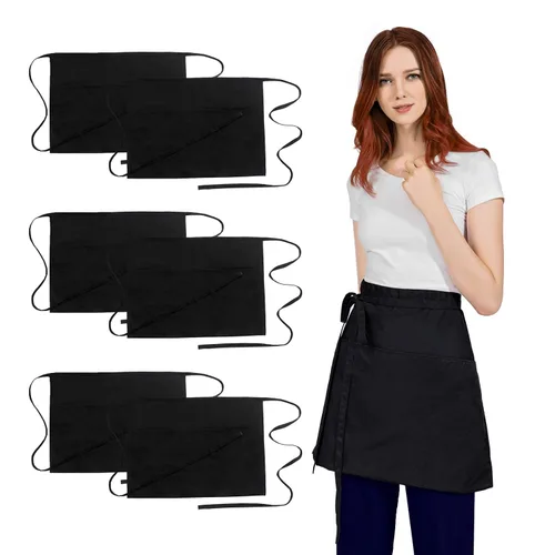 Hi loyaya Delantal de camarera para mujeres y hombres, juego de 6 delantales negros de media cintura con bolsillos para chef, camarero, servidor,