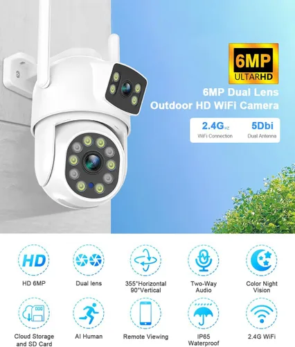 Miniatura 2 de EVERSECU Cámara de Seguridad PTZ WiFi de Doble Lente con Enlace de 6MP para Exteriores, Vista de 360°, Seguimiento Automático, Detección