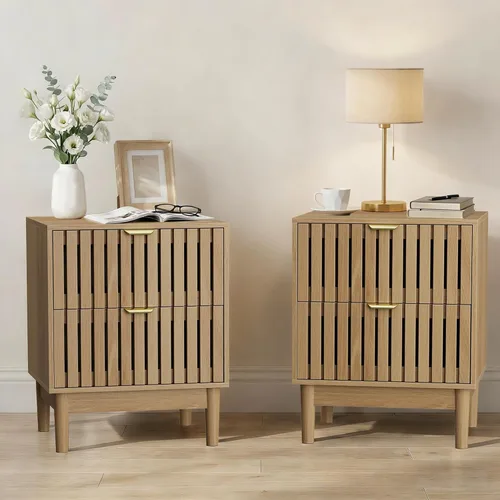Wood Nightstand Set of 2, Modern Bedside Table with Grille Design, End Side Table with 2 Drawers Storage for Living Room, Bedroom, Oak