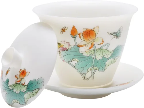 Miniatura 2 de Juego de porcelana blanca de jade hielo Gaiwan, delgado/sin esmaltar/translúcido/calcomanía China Gongfu Tea Cup Set -QinLian