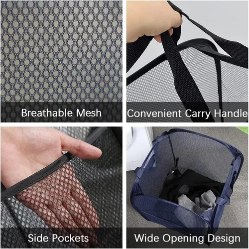 Miniatura 3 de 4 cestas plegables de malla para ropa sucia, cesta plegable con asas de transporte, cesta portátil para ropa sucia con 4 bolsas de lavado, cesta