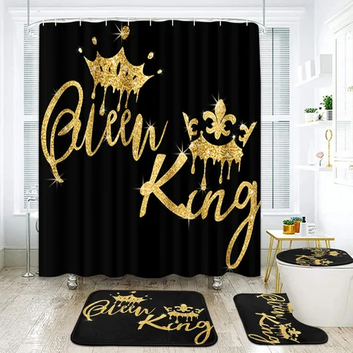 Arttown Juego de baño negro con cortina de ducha y accesorios de alfombras, cortinas de ducha negras doradas King y Queen, decoración de baño
