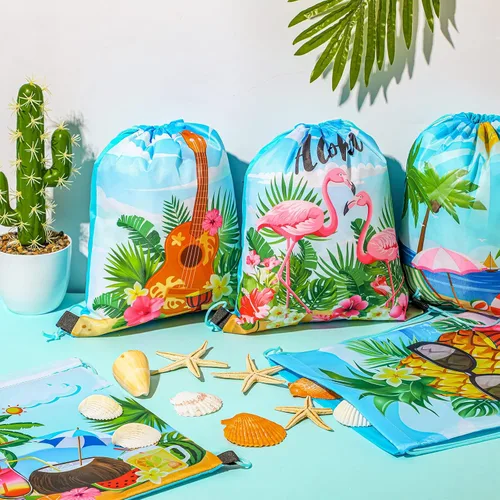 Miniatura 4 de Frienda 24 bolsas hawaianas para recuerdos de fiesta hawaiana Aloha con cordón, mochila tropical de flamenco, bolsas de regalo para cumpleaños