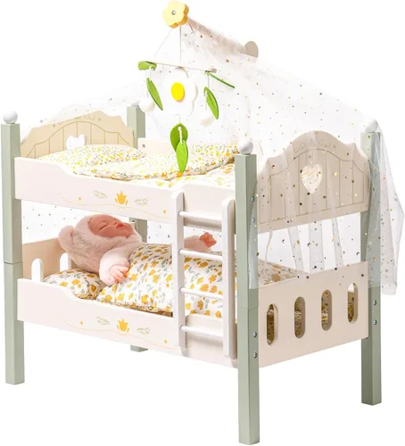 ROBOTIME Litera para Muñeca de Bebé, Cuna de Muñeca de Madera para Muñecas de 18 Pulgadas, Juguete de Muebles para Muñeca American Girl con Ropa de