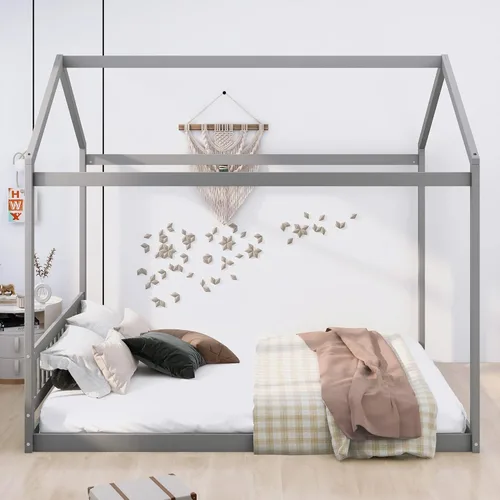 Miniatura 3 de Merax Cama de madera tamaño Queen con cabecero, no necesita somier, gris