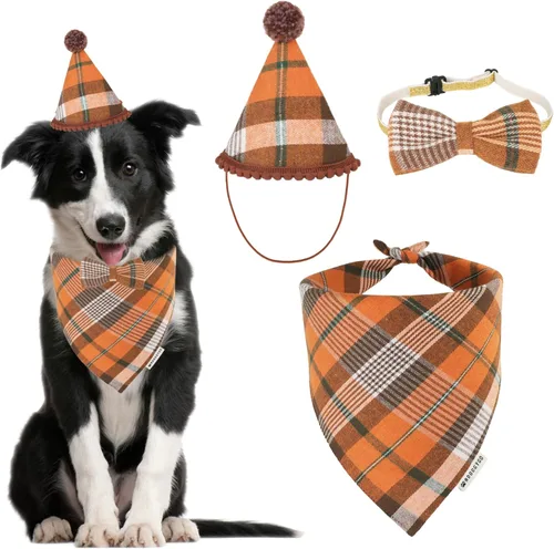 Miniatura 13 de ADOGGYGO Juego de bandana de Navidad para perro, sombrero y pajarita, clásica a cuadros rojos, bufanda de Navidad para mascotas, disfraz de Navidad