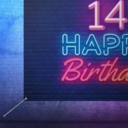 Miniatura 5 de Cartel de fondo de neón brillante con texto en inglés "Happy 14th Birthday", decoración temática de fiesta de cumpleaños de 14 años, suministros