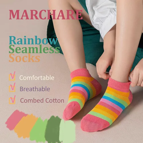Miniatura 2 de Marchare Calcetines sin costuras para niñas, calcetines de algodón con rayas de arco iris, paquete de 5