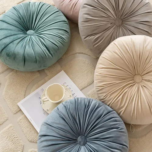Miniatura 3 de MOJUN Almohada redonda de terciopelo de color sólido, almohada de piso de calabaza, decoración del hogar, cojín redondo plisado para sofá, silla