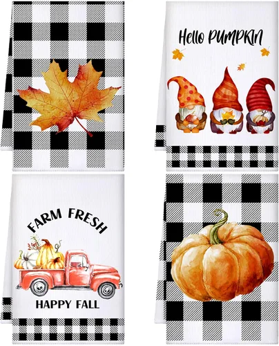 Sratte 4 piezas de toallas de cocina de Acción de Gracias, toallas de mano de otoño 16 x 24 pulgadas, paño de cocina de calabaza, gnomo de otoño,