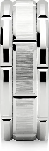 Miniatura 3 de 100S JEWELRY Anillos de tungsteno para hombres, alianza de boda con patrón de ladrillo de oro blanco, chapado en rodio, talla 6-16, Metal