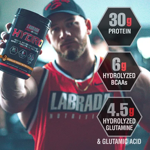 Miniatura 4 de LABRADA HYDRO 100% Polvo de proteína aislada de suero hidrolizada pura, sin lactosa, 6g de BCAA, 4.5g de glutamina, el suero más rápido de digerir
