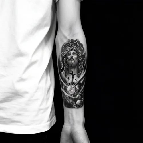 Miniatura 5 de 2 hojas de tatuajes temporales con cruz y luna de Jesús para adultos, espirituales religiosos, tatuajes falsos realistas, nebulosa galaxia en blanco