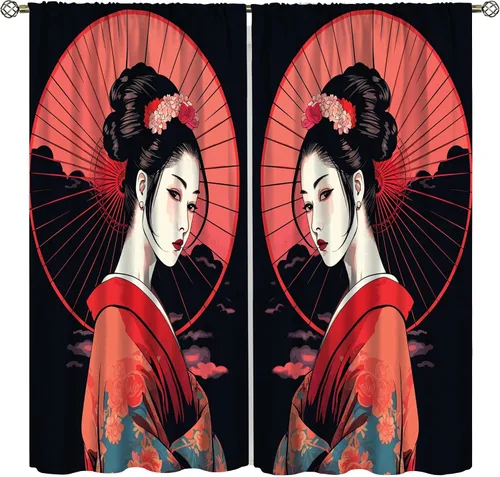 Miniatura 12 de Cortinas de geisha japonesas, flores rosas, ramas de árbol, sexy, glamour, para mujer, encantador, estética, oriental, con bolsillo para barra