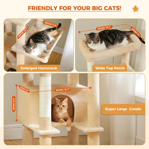 Miniatura 6 de PEQULTI Árbol para gatos de interior de 66 pulgadas, torre alta para gatos grandes con poste rascador, hamaca de metal súper grande y 2 condominios
