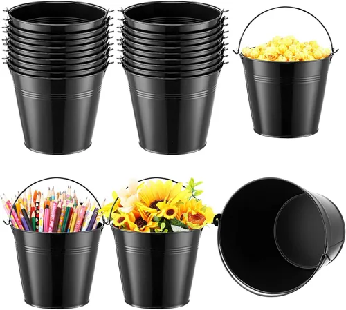 Rtteri 24 cubos pequeños de metal con asa, mini cubetas a granel para lápices para aula, graduación, fiestas, canastas de hierro para flores de Negro