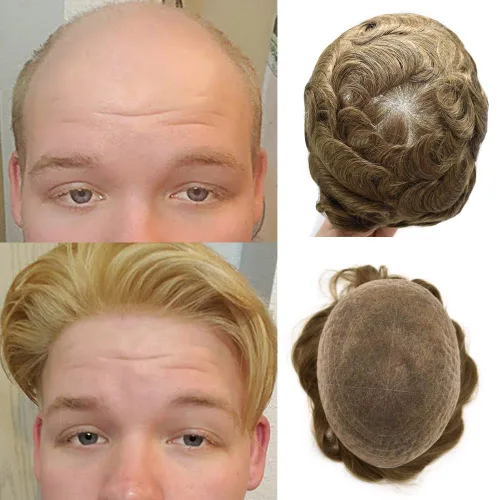 Miniatura 38 de PUNRU HAIR Completo Swiss Lace Toupee para hombres Sistema de cabello humano real Sistema de reemplazo de cabello humano para hombre Toupee