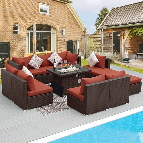 Miniatura 50 de BULEXYARD Juego de muebles de patio de respaldo alto de 7 piezas con mesa de fogata de combustible dual propano/gas natural, sofá seccional