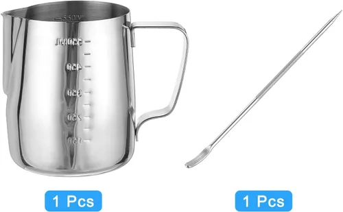 Miniatura 3 de uxcell Jarra de espuma de leche con líneas de escala, jarra de vapor de café de acero inoxidable de 20 oz/20.3 fl oz, accesorios para máquina
