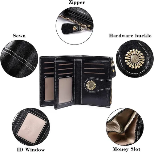 Miniatura 67 de SENDEFN - Billetera pequeña de piel auténtica para mujer, diseño plegable con ventana para tarjeta de identificación