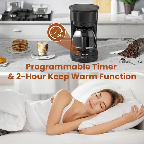 Miniatura 3 de WAA Cafetera de goteo programable de 5 tazas, cafetera portátil con olla de vidrio y filtro reutilizable, plato para mantener el calor, retrasar