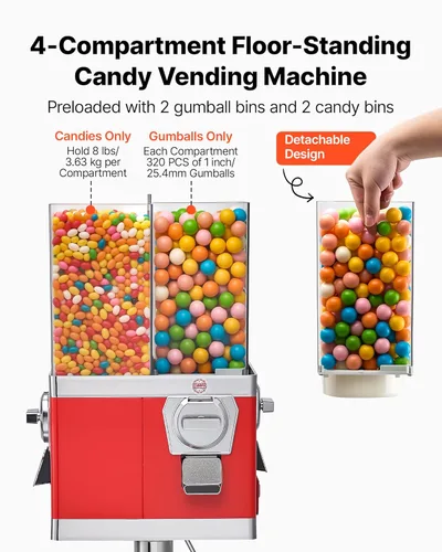 Miniatura 2 de VEVOR Máquina expendedora de dulces, máquina expendedora de dulces de cuatro compartimentos con soporte, máquinas expendedoras de chicles