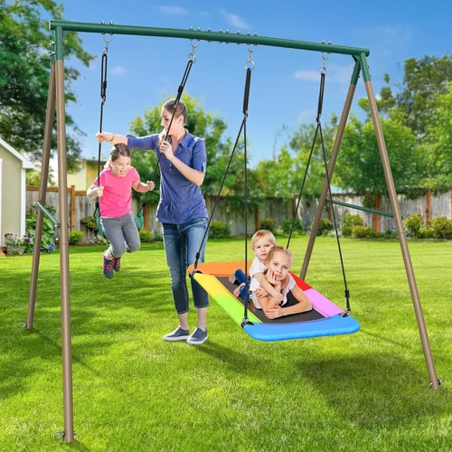 Miniatura 6 de Hapfan Juegos de columpios para patio trasero con columpio de platillo de plataforma de 45 pulgadas y columpio de cinturón, conjunto de columpios