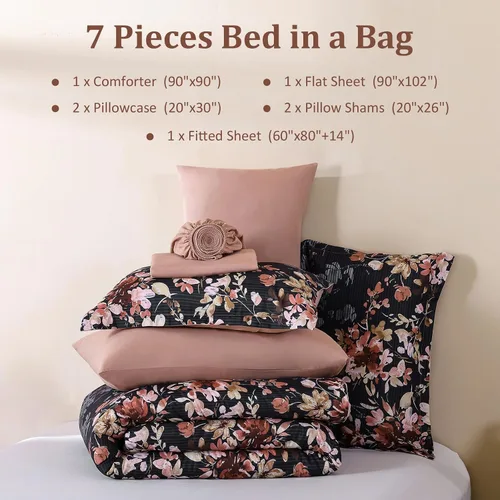 Miniatura 7 de Juego de edredón tamaño Queen, 7 piezas, juego de edredón floral negro y rosa, juego de ropa de cama en una bolsa tamaño Queen con patrón de flores