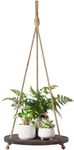 Dahey - Estantería colgante redonda de madera con cuerda para plantas, estante flotante vintage para decoración del hogar, exhibidor para plantas