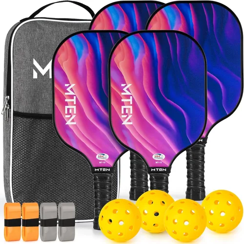 Paletas de pickleball, juego de 4 palas de pickleball, juego de fibra de vidrio aprobado por USAPA, 4 paletas, 4 bolas para exteriores, 1 bolsa,