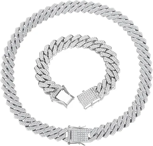 2 collares cubanos de cadena cubana de 0.59 pulgadas (0.591 in), pulsera cubana de plata con purpurina de diamantes de rap hip-hop, collar de