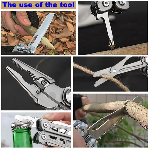 Miniatura 6 de Alicates multiherramienta portátil de acero inoxidable multiherramienta con sierra, tijeras, pelacables, abridor de botellas y destornillador
