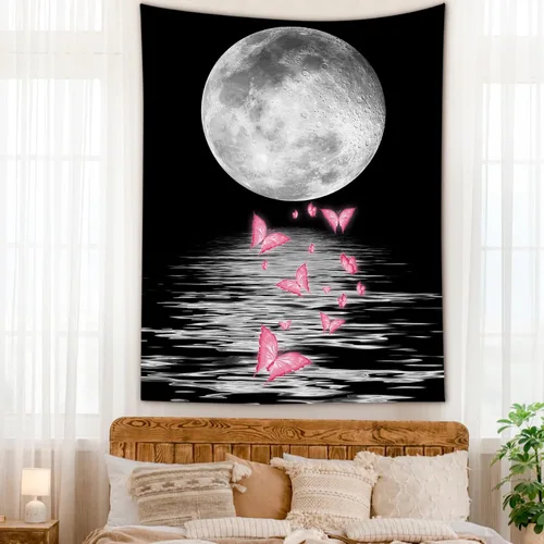 Miniatura 28 de LB Tapiz pequeño de luna llena sobre océano, tapiz de pared de cielo nocturno estrellado, fantasía 3D, arte de pared de luna grande en blanco