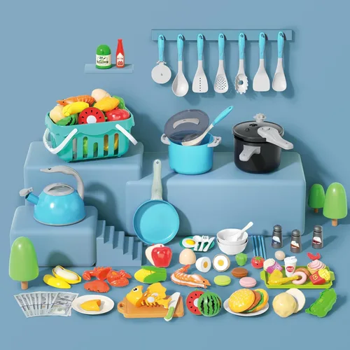 Miniatura 3 de Juego de cocina de 130 piezas, ollas de juego de cocina para niños pequeños, sartenes, utensilios, utensilios de cocina, alimentos diarios, frutas