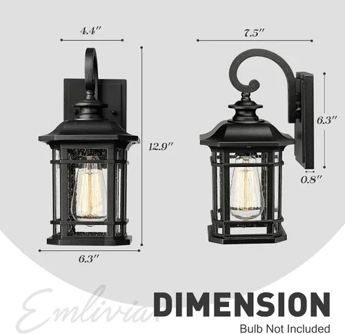 Miniatura 2 de Emliviar Luces de Farol de Pared para Exteriores, Lámpara de Aplique de Pared Exterior de 1 Luz, Acabado Negro con Vidrio Granulado Transparente