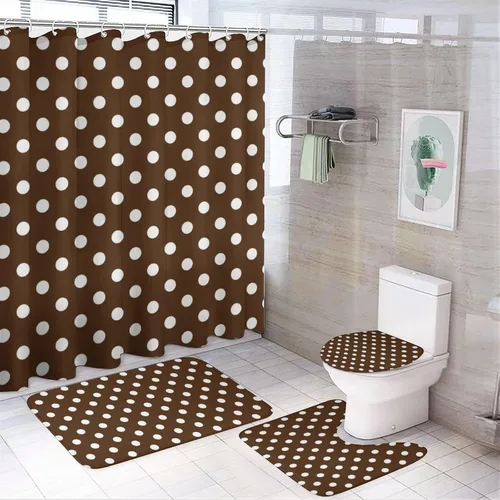 Miniatura 46 de Juego de 3 alfombras de baño con diseño de lunares, color azul aguamarina, antideslizante, con contorno en forma de U y tapa de inodoro