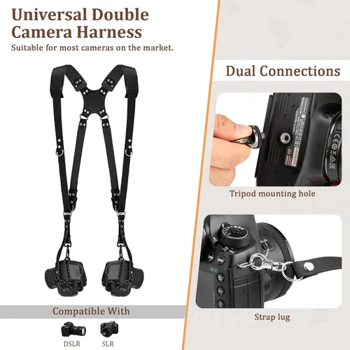 Miniatura 6 de Jumyee Double Camera Harness for 2 Cameras, Adjustable Dual Shoulder Leather Camera Strap for DSLR/SLR