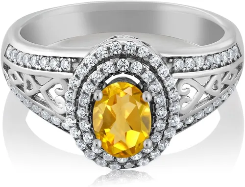 Miniatura 77 de Anillo de compromiso con halo de piedra preciosa y piedra natal en plata chapada en oro amarillo de 18 quilates, ovalado, 0.236 x 0.157 pulgadas