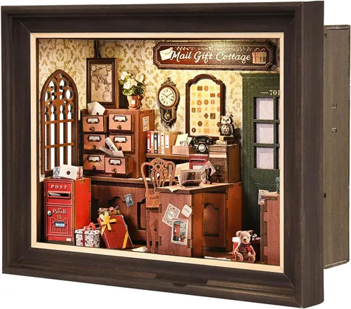 Miniatura 10 de Kit de rincón de libros, rompecabezas de madera 3D con control de interruptor LED y marco para montar en pared, casa en miniatura