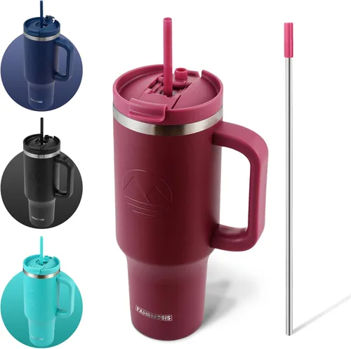 Miniatura 8 de FAHRMOSIS Vaso de 40 onzas con asa y pajita, taza aislada que cabe en el portavasos para bebidas frías y calientes, vaso a prueba de fugas
