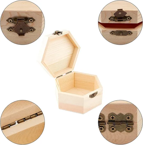 Miniatura 4 de GORGECRAFT 2 cajas de madera sin terminar hexagonal, caja de almacenamiento de madera con tapa con bisagras y cierre frontal para bricolaje, Caja