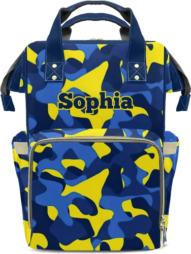 Miniatura 10 de Mochila de pañales de camuflaje azul amarillo con nombre, bolsa multifunción de gran capacidad para mamá, papá, unisex, niño y niña, Diseño 2