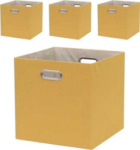 Miniatura 12 de Contenedores de Almacenamiento Cúbicos 13×13 Lino Caja Plegable con Asas, Conjunto de Cesta de Organización Plegable de 4 Gran Capacidad para Beige