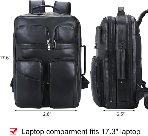 Miniatura 5 de TIDING Mochila para portátil de cuero de grano completo de 17.3 pulgadas para hombres, multibolsillos, casual, mochila de viaje de negocios, Negro