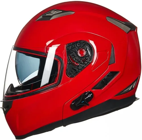 ILM - Casco de motocicleta modular con visera solar abatible, Bluetooth integrado, intercomunicador, Mp3 Modelo 953/953 PRO Rojo