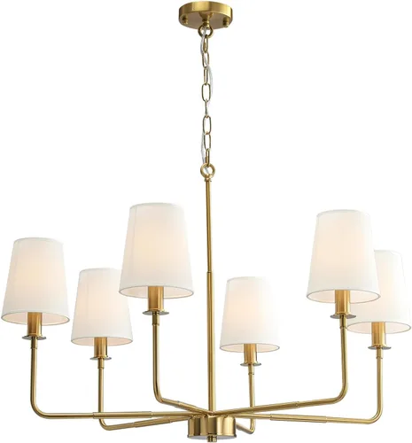 Miniatura 9 de Candelabro clásico de 6 luces con acabado dorado cepillado y pantallas de lino, base E12, lámpara rústica de techo para isla de cocina, comedor