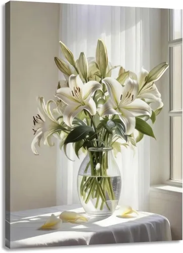 Miniatura 20 de Cuadro de flores para sala de estar, arte de pared floral azul y blanco sobre lienzo con detalles dorados para decoración de dormitorio gris, 32 x