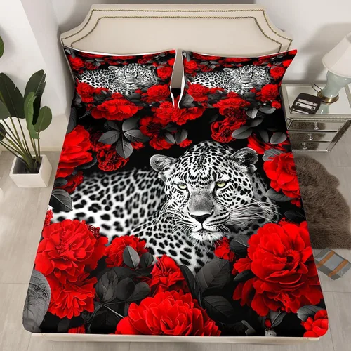 Miniatura 13 de Erosebridal Juego de sábanas bajeras de rosas rojas y leopardo, tamaño individual, diseño de animales africanos salvajes, diseño de plantas