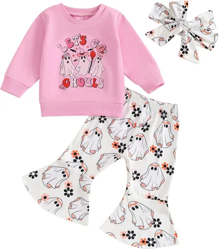 Miniatura 42 de Traje de Halloween para bebé niña, manga larga, cuello redondo, letras de fantasma, parte superior con estampado de fantasma, parte inferior